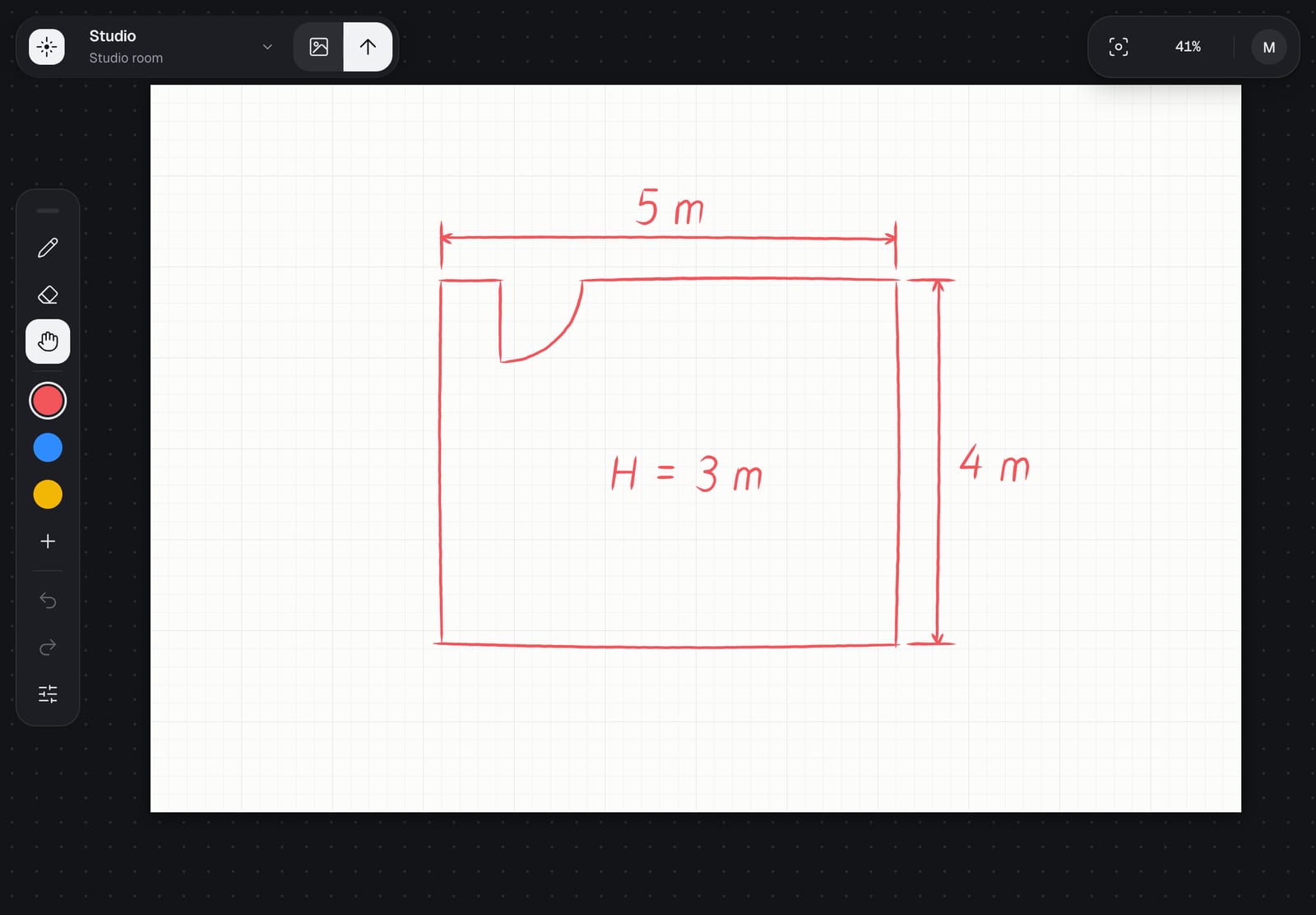 CometDraw on an iPad: a drawing with a room sketched in red and its sizes written beside it