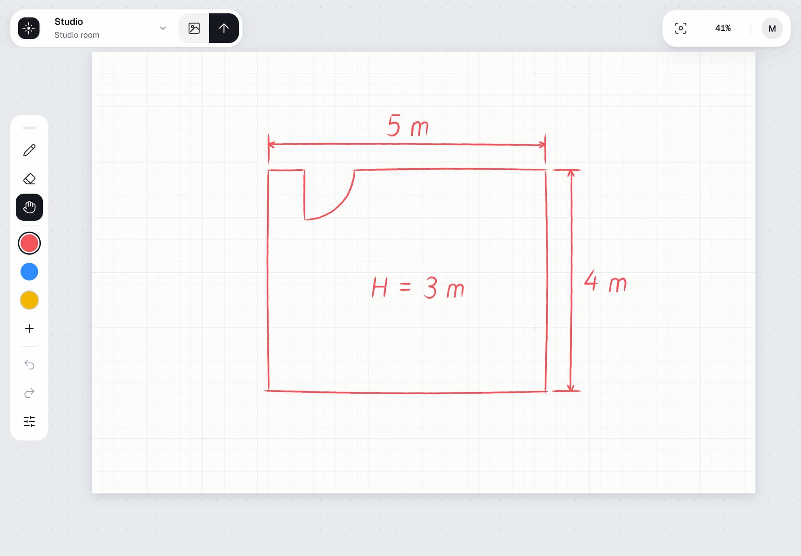 CometDraw on an iPad: a drawing with a room sketched in red and its sizes written beside it