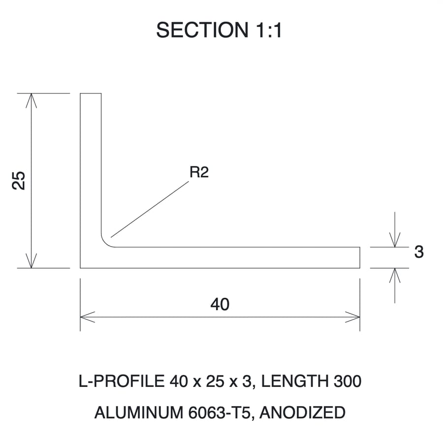 A CAD drawing of the part, to scale