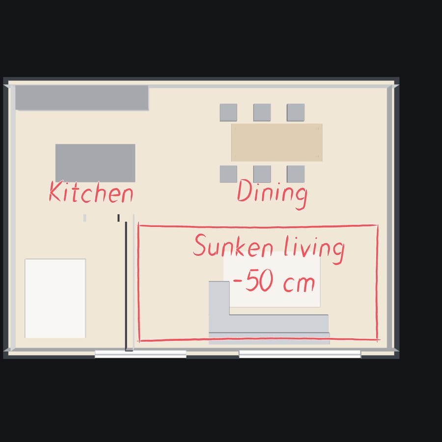A plan view with the rooms named in red and a note: sunken living room −50 cm