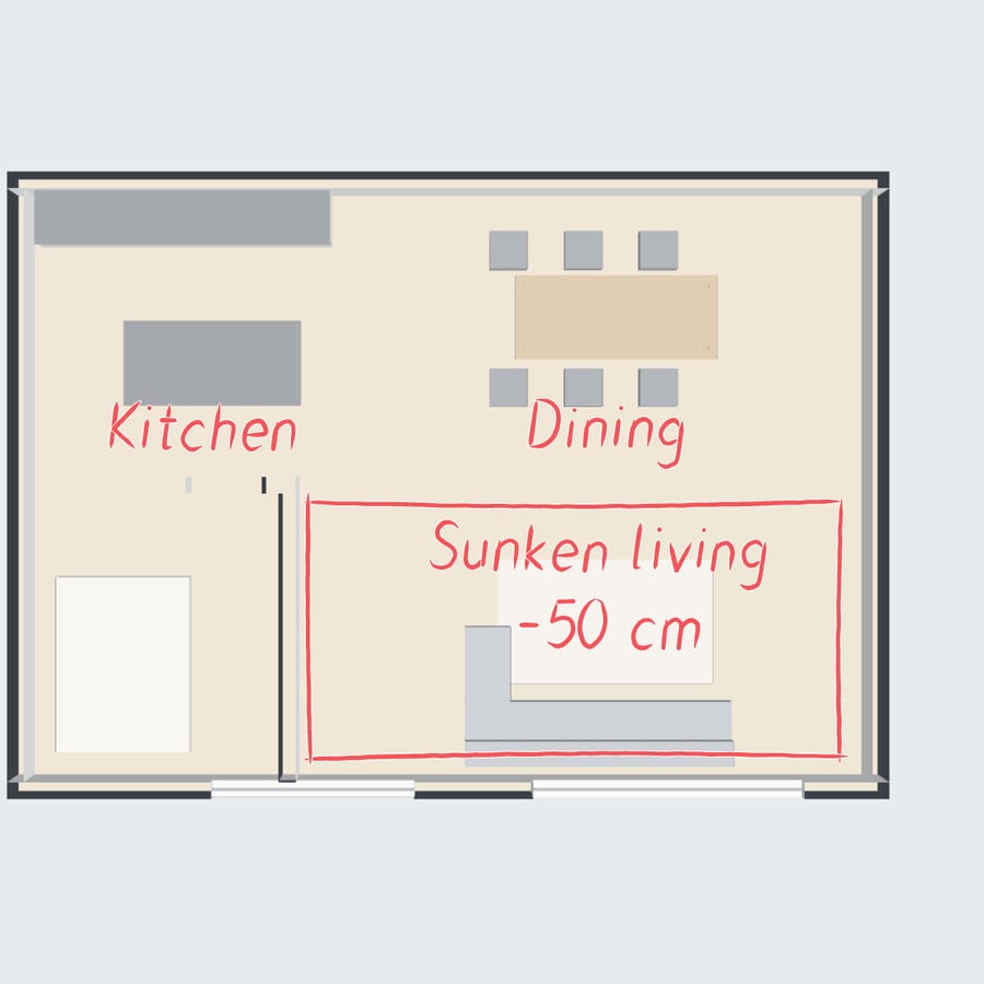 A plan view with the rooms named in red and a note: sunken living room −50 cm